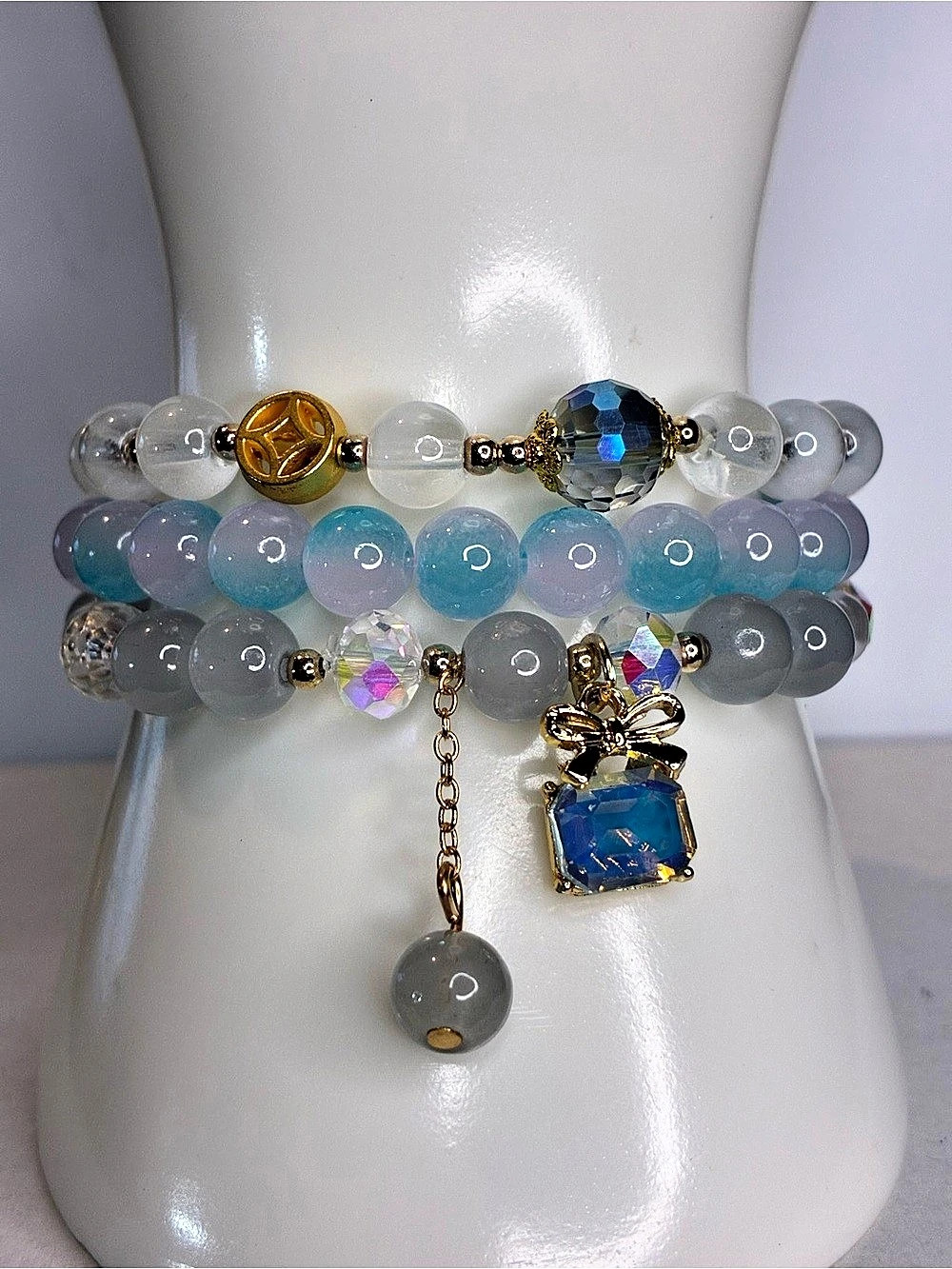Beaded Glass Charm Bracelet Stack in Blue & Gray NWOT